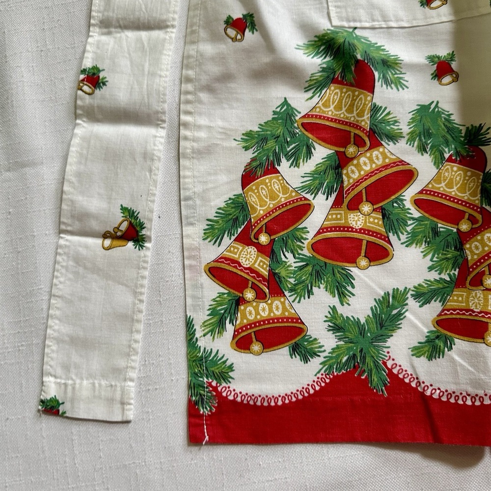 Vtg MCM Christmas Half Apron 1950s Holly Berry Festive Bells 21.5" Long Pockets - Picture 6 of 12